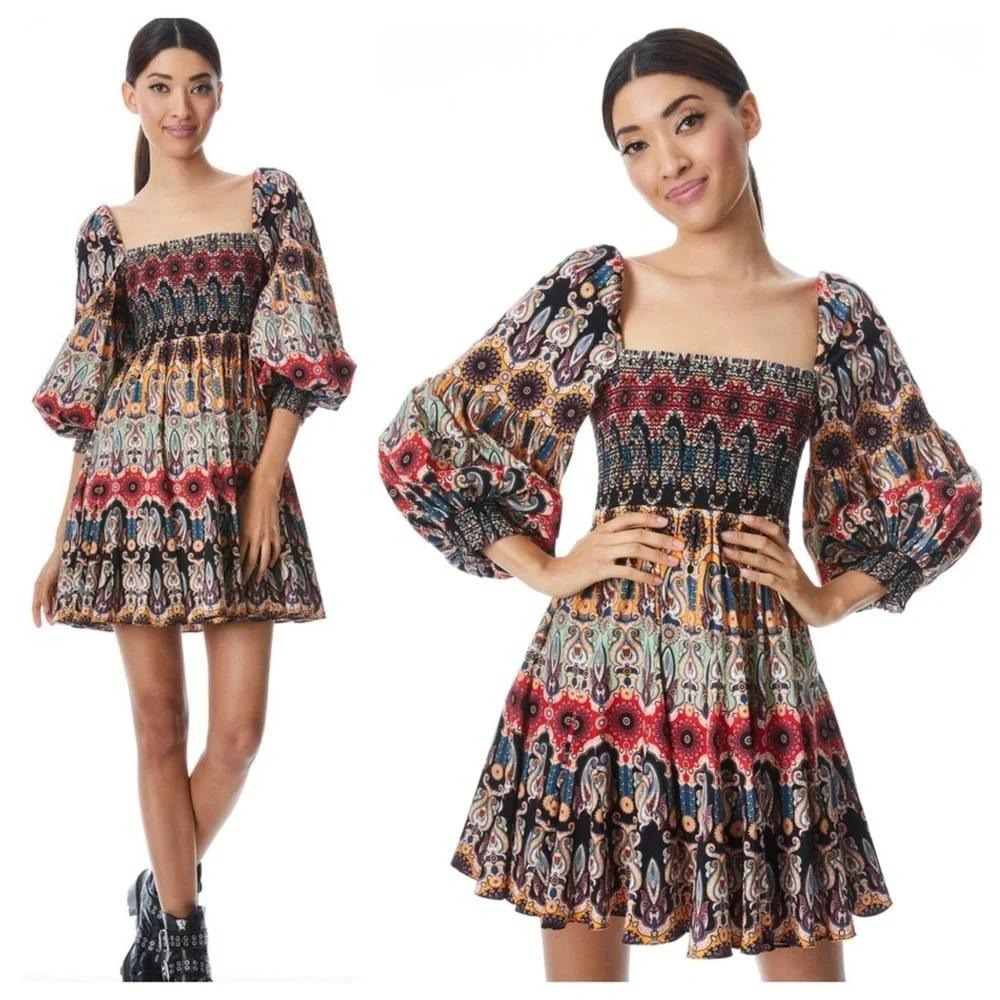 Alice‎ + Olivia Julissa Womens Dress Sz 4 Mixed Media Paisley Boho Resort Whimsy